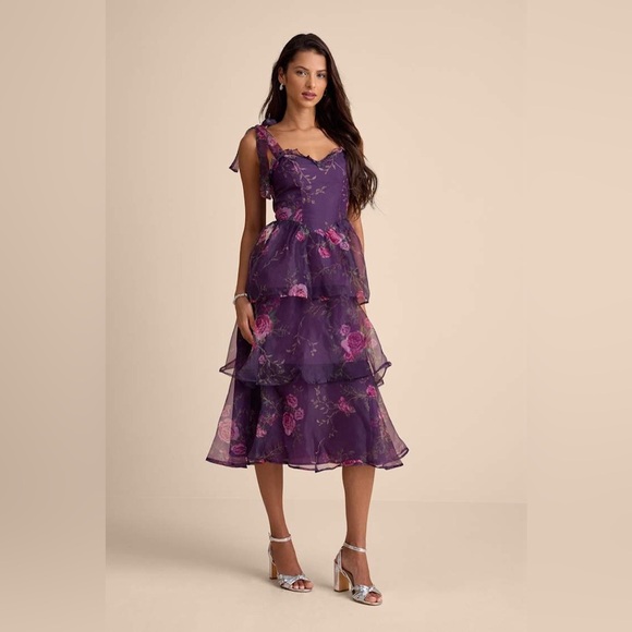 NWT Fairytale Cutie Purple Floral Tie-Strap Tiered Midi Dress Sz XS, S - Picture 16 of 16